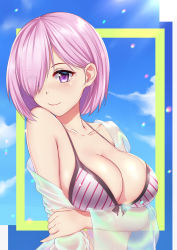 Rule 34 | 1girl, absurdres, alternate costume, arm under breasts, bikini, blue sky, blush, breast hold, breasts, cleavage, closed mouth, cloud, cloudy sky, collarbone, day, eyebrows, eyelashes, fate/grand order, fate (series), fingernails, front-tie bikini top, front-tie top, hair between eyes, hand in own hair, highres, large breasts, looking at viewer, mash kyrielight, navel, outdoors, purple bikini, purple hair, purple ribbon, ribbon, see-through, shirt, short hair, shui xiao, sky, smile, solo, standing, swimsuit, upper body, white bikini, wide sleeves
