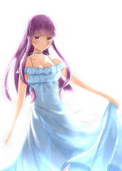 Rule 34 | 1girl, alternate costume, alternate eye color, armpit crease, bare arms, blue choker, blue dress, blue eyes, blunt bangs, blush, breasts, choker, clothes lift, collarbone, commentary request, contrapposto, crescent, crescent hair ornament, dress, feet out of frame, hair ornament, lifted by self, light smile, long hair, looking at viewer, medium breasts, patchouli knowledge, purple hair, ram hachimin, see-through silhouette, sidelighting, simple background, skirt, skirt lift, sleeveless, sleeveless dress, solo, standing, sundress, touhou, very long hair, white background