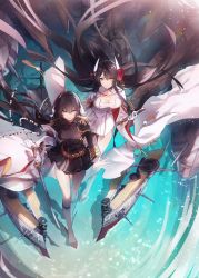 Rule 34 | 2girls, absurdres, azur lane, black hair, blush, breasts, cannon, cleavage, closed mouth, day, epaulettes, floating hair, flower, from above, gloves, hair between eyes, hair flower, hair ornament, hiei (azur lane), highres, holding, holding sword, holding weapon, horns, large breasts, long hair, long sleeves, looking at viewer, medium breasts, mikasa (azur lane), military, military uniform, multiple girls, outdoors, rigging, skirt, smile, sword, turret, uniform, uwro, wading, weapon, white gloves, wide sleeves, wind, yellow eyes