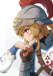 Rule 34 | 1boy, 1girl, absurdres, arm guards, blonde hair, blue eyes, bow, brown gloves, commentary request, earrings, fingerless gloves, from side, gloves, helmet, hetero, highres, holding hands, imminent kiss, jewelry, kiss, kissing hand, link, looking ahead, momoju163, nintendo, pointy ears, princess zelda, short ponytail, simple background, the legend of zelda, the legend of zelda: breath of the wild