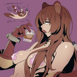 Rule 34 | 1girl, :3, alcohol, animal ears, bad id, bad twitter id, blush, bottle, breasts, drunk, ettone, gloves, hair over breasts, highres, large breasts, pasties, purple background, raccoon ears, raccoon girl, raccoon tail, raphtalia, simple background, slave, solo, squeans, tail, tate no yuusha no nariagari, tongue, tongue out