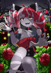 Rule 34 | 1girl, ahoge, black bow, black dress, bow, double bun, dress, fangs, grey hair, hair bow, hair bun, heterochromia, highres, hololive, hololive indonesia, holoro, kureiji ollie, open mouth, pink hair, red bow, red eyes, red hair, senruisa, solo, stitched arm, stitched face, stitched leg, stitched torso, stitches, sword, torn clothes, torn dress, virtual youtuber, weapon, yellow eyes, zombie