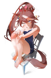 Rule 34 | 1girl, absurdres, animal ears, bare arms, bare legs, bare shoulders, barefoot, blue eyes, blue one-piece swimsuit, brown hair, chair, closed mouth, competition school swimsuit, feet on chair, from side, hair between eyes, head tilt, highres, horse ears, horse girl, horse tail, long hair, looking at viewer, multicolored hair, one-piece swimsuit, otokoe, parted bangs, ponytail, school swimsuit, simple background, sitting, solo, strap slip, streaked hair, swimsuit, tail, tokai teio (umamusume), umamusume, very long hair, white background