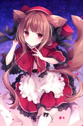 Rule 34 | 1girl, animal ears, apron, black bow, blush, bow, brown hair, commentary request, dog ears, dog tail, dress, hood, hood up, kurumi mashiro, long hair, looking at viewer, original, red bow, red dress, red eyes, red hood, solo, tail, thighhighs, white apron, white thighhighs, wolf ears, wolf tail