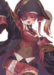 Rule 34 | 1girl, arrow through heart, bare shoulders, belt, bicorne, black coat, blouse, blush, breasts, coat, covered navel, cowboy shot, eyepatch, hat, highres, hololive, houshou marine, large breasts, leotard, leotard under clothes, long hair, miniskirt, open mouth, oukawa yuu, pirate hat, pleated skirt, red eyes, red hair, red skirt, see-through, see-through leotard, shirt, simple background, skirt, sleeveless, sleeveless shirt, sleeves past fingers, sleeves past wrists, smile, solo, thighhighs, thighs, twintails, virtual youtuber, white background, zettai ryouiki