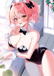 Rule 34 | 1girl, alternate costume, animal ears, bed, black bow, black bowtie, black leotard, blush, bow, bowtie, breasts, cleavage, collarbone, commentary request, detached collar, fake animal ears, fake tail, hair bow, highres, idolmaster, idolmaster cinderella girls, indoors, jougasaki mika, large breasts, leotard, looking at viewer, pink hair, playboy bunny, rabbit ears, rabbit tail, smile, solo, strapless, strapless leotard, sutoroa, tail, twintails, wooden floor, wrist cuffs