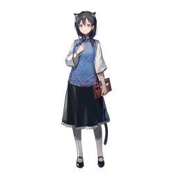 Rule 34 | 1girl, abacus, animal ear fluff, animal ears, arknights, artist request, black footwear, black hair, black skirt, blue shirt, brown eyes, cat ears, cat girl, cat tail, chinese clothes, dawn (arknights), full body, game cg, hair between eyes, hand up, holding, holding abacus, long hair, looking at viewer, official art, shirt, skirt, smile, solo, standing, tachi-e, tail, transparent background, white legwear, white sleeves