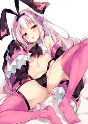 Rule 34 | 1girl, ass, azur lane, bare shoulders, black bow, black hairband, black panties, black ribbon, black skirt, black sleeves, blush, bow, cameltoe, cleft of venus, closed mouth, clothes lift, collarbone, collared shirt, commentary request, detached sleeves, hair ribbon, hairband, hand up, head tilt, highres, hobby (azur lane), lifted by self, long hair, long sleeves, looking at viewer, midriff, navel, one eye closed, panties, partially visible vulva, pink hair, pink thighhighs, red eyes, ribbon, shirt, sitting, skirt, skirt lift, sleeveless, sleeveless shirt, sleeves past fingers, sleeves past wrists, smile, solo, spread legs, suspender skirt, suspenders, thighhighs, tongue, tongue out, unacchi (nyusankin), underwear, very long hair, white background, white shirt, wide sleeves