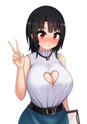 Rule 34 | 1girl, absurdres, bare shoulders, belt, black hair, blush, breasts, cleavage, cleavage cutout, clipboard, clothing cutout, eyes visible through hair, heart cutout, highres, huge breasts, kantai collection, large breasts, looking at viewer, red eyes, shirt, shirt tucked in, short hair, sleeveless, solo, sweatdrop, takao (kancolle), the only shoe, v, white background, white shirt