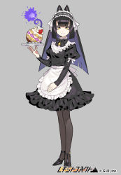 Rule 34 | 1girl, bell, black bow, black dress, black footwear, black hair, black pantyhose, blue fire, blunt bangs, bomb, bow, copyright name, copyright notice, dress, explosive, fire, full body, grey background, hair bow, holding, holding tray, lit fuse, long hair, long sleeves, looking at viewer, maid, official art, pantyhose, pota (bluegutty), puffy long sleeves, puffy sleeves, reki connect, simple background, smile, solo, standing, tray, watermark