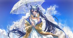 Rule 34 | 1girl, absurdres, black hair, cloud, flat chest, floating hair, flower, hair flower, hair ornament, highres, holding, holding umbrella, hololive, hololive english, jacket, latin commentary, long hair, ninomae ina&#039;nis, off shoulder, pointy ears, ponytail, purple flower, quasarcake, sky, smile, solo, tentacle hair, transparent, transparent umbrella, umbrella, very long hair, violet (ninomae ina&#039;nis), virtual youtuber, yellow jacket