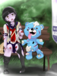 Rule 34 | 1girl, artist request, bench, blood, blush, empty eyes, flat chest, monster girl, outdoors, school uniform, stuffed animal, stuffed toy, tagme, zombie