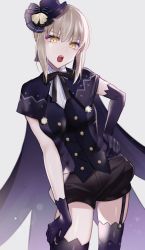 Rule 34 | 1girl, artoria pendragon (all), artoria pendragon (fate), asymmetrical gloves, black bow, black ribbon, black shorts, black thighhighs, bow, cape, dress shirt, elbow gloves, fate/stay night, fate (series), garter straps, gloves, grey background, hair between eyes, hair bow, hand on own hip, hand on lap, hand on own leg, hat, highres, leaning to the side, makeup, mascara, meltymaple, mini hat, neck ribbon, open mouth, purple cape, purple gloves, ribbon, saber alter, shiny skin, shirt, short hair with long locks, short shorts, shorts, sidelocks, silver hair, solo, standing, striped, striped bow, thighhighs, uneven gloves, white shirt, yellow eyes