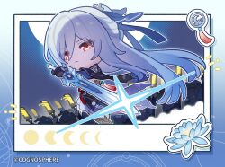 Rule 34 | 1girl, army, black gloves, blue hairband, blue sleeves, chibi, chinese clothes, closed mouth, copyright name, full moon, gloves, hair between eyes, hairband, holding, holding sword, holding weapon, honkai: star rail, honkai (series), jian (weapon), jingliu (honkai: star rail), logo, long hair, long sleeves, moon, night, official art, outdoors, sky, solo, star (sky), starry sky, sword, weapon, white hair