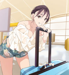 Rule 34 | 1girl, black hair, blurry, blurry background, breasts, brown eyes, cleavage, floral print, highres, ikechi, indoors, leaning forward, loose clothes, loose shirt, luggage, medium breasts, nogizaka46, print shorts, rolling suitcase, shirt, short hair, shorts, smile, solo, suitcase, white shirt, window