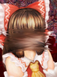 Rule 34 | 1girl, ascot, blush, bow, breasts, brown hair, commentary request, cookie (touhou), detached sleeves, faceless, faceless female, frilled hair tubes, frilled shirt collar, frills, hair bow, hair tubes, hakurei reimu, kanna (cookie), khn (kihana), long hair, photoshop (medium), portrait, red bow, red shirt, scratched, shirt, sidelocks, sleeveless, sleeveless shirt, touhou, yellow ascot