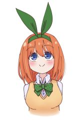 Rule 34 | 1girl, arms between legs, blue eyes, blush, bow, breasts, closed mouth, collared shirt, commentary request, cropped torso, dress shirt, go-toubun no hanayome, green bow, green hairband, green ribbon, hair between eyes, hair ribbon, hairband, kujou karasuma, looking away, looking up, medium breasts, nakano yotsuba, orange hair, ribbon, school uniform, shirt, simple background, smile, solo, sweater vest, upper body, white background, white shirt