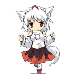 Rule 34 | 1girl, animal ears, bare shoulders, chibi, detached sleeves, female focus, full body, futatsuki hisame, hat, inubashiri momiji, lowres, red eyes, red skirt, shirt, silver hair, simple background, skirt, smile, solo, tail, touhou, white background, white shirt, wolf ears, wolf tail