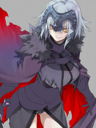 Rule 34 | 10mo, 1girl, black panties, breasts, cape, chain, couter, fate/grand order, fate (series), from above, fur collar, gauntlets, gorget, grey hair, headpiece, highres, hilt, jeanne d&#039;arc alter (fate), large breasts, looking to the side, pale skin, panties, short hair, smile, solo, sword, underwear, weapon, yellow eyes