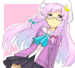 Rule 34 | 1girl, :&lt;, alternate costume, bad id, bad pixiv id, bespectacled, contemporary, face, female focus, glasses, hat, long hair, minoa (lastswallow), patchouli knowledge, purple eyes, purple hair, school uniform, solo, touhou