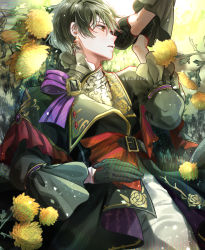 Rule 34 | 1boy, aqua eyes, belt, black belt, black capelet, black coat, black gloves, black hair, blueseun, brooch, capelet, chrysanthemum, coat, commentary, cowboy shot, earrings, ensemble stars!, floral print, flower, frilled capelet, frills, glint, gloves, hair between eyes, half gloves, hand on own stomach, heterochromia, highres, holding hands, jewelry, kagehira mika, lapels, looking to the side, lying, male focus, on back, on grass, out of frame, pants, purple ribbon, ribbon, rose print, shirt, short hair, solo, twitter username, white pants, white shirt, wide sleeves, yellow eyes, yellow flower