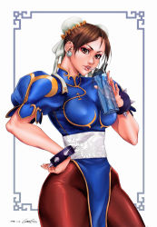 Rule 34 | 1girl, absurdres, blue dress, bottle, bracelet, breasts, brown eyes, brown hair, brown pantyhose, bun cover, capcom, china dress, chinese clothes, chun-li, double bun, dress, earrings, eyeshadow, facing viewer, gtolin chang, hair bun, hand on own hip, highres, jewelry, lips, looking at viewer, makeup, medium breasts, narrow waist, pantyhose, pelvic curtain, puffy short sleeves, puffy sleeves, refraction, sash, short sleeves, solo, spiked bracelet, spikes, street fighter, thick thighs, thighs, water bottle