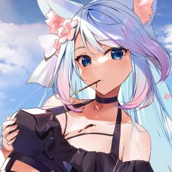 Rule 34 | 1girl, ahoge, animal ear fluff, animal ears, bare shoulders, bikini, black bikini, black choker, blue eyes, blue hair, blue sky, blush, breast lift, breasts, chocolate, chocolate on body, chocolate on breasts, choker, cloud, commentary request, commission, day, flower, food, food in mouth, food on body, gradient hair, hair flower, hair ornament, halterneck, highres, kasumi komo, large breasts, long hair, looking at viewer, mouth hold, multicolored hair, nail polish, pink flower, pink hair, pink nails, pocky, silvervale, silvervale (5th costume), skeb commission, sky, solo, swimsuit, upper body, virtual youtuber, vshojo, wolf ears, wolf girl