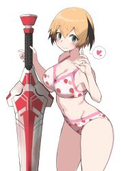 Rule 34 | 1girl, absurdres, bikini, blonde hair, blush, breasts, fate/grand order, fate (series), food print, gareth (fate), gareth (swimsuit saber) (fate), gareth (swimsuit saber) (second ascension) (fate), hair flaps, heart, highres, holding, holding sword, holding weapon, large breasts, navel, pink bikini, smile, solo, spoken heart, strawberry print, swimsuit, sword, weapon, yabai gorilla