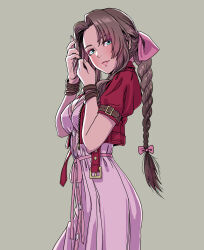 Rule 34 | 1girl, absurdres, adjusting hair, aerith gainsborough, bow, bracelet, braid, braided ponytail, breasts, brown hair, cleavage, commentary request, cropped jacket, dress, final fantasy, final fantasy vii, final fantasy vii remake, green eyes, grey background, hair bow, highres, jacket, jewelry, looking at viewer, pink dress, red jacket, simple background, smile, solo, upper body, yamashita shun&#039;ya