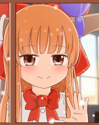 Rule 34 | 1girl, against window, blunt bangs, blush, bow, bowtie, brown hair, brown horns, closed mouth, commentary request, hair bow, highres, horns, ibuki suika, long hair, looking at viewer, orange hair, portrait, purple bow, red bow, red bowtie, rozugadena, shirt, sidelocks, sleeveless, sleeveless shirt, smile, solo, split mouth, touhou, white shirt
