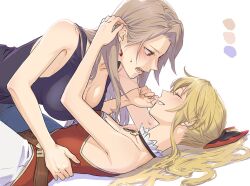 Rule 34 | 2girls, bare shoulders, black bow, blonde hair, blush, bow, breasts, brown hair, choker, cleavage, collarbone, couple, dress, earrings, gem, granblue fantasy, hair bow, high ponytail, highres, jewelry, katalina (granblue fantasy), lace, lace choker, large breasts, long hair, looking at another, medium breasts, miso-ha (ukyuu), multiple girls, open mouth, ponytail, red bow, red eyes, red gemstone, smile, straight hair, strapless, strapless dress, two-tone bow, vira (granblue fantasy), yuri