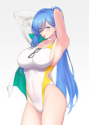 Rule 34 | 1girl, arm out of sleeve, armpits, blue eyes, blue hair, breasts, competition swimsuit, eyewear hang, unworn eyewear, highleg, highleg swimsuit, jacket, large breasts, lintanghaseo, long hair, mouth hold, one-piece swimsuit, original, ponytail, sideboob, simple background, solo, swimsuit, undressing, very long hair