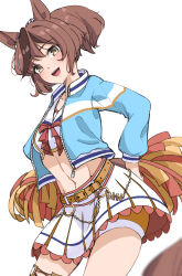 Rule 34 | 1girl, animal ears, belt, blue jacket, blush, bow, brown eyes, chain, commentary request, cowboy shot, cropped jacket, cropped shirt, ear ornament, gold chain, hand on own hip, harukazetabiji, highres, holding, holding pom poms, horse ears, horse girl, horse tail, jacket, looking at viewer, midriff, multicolored hair, navel, nice nature (run&amp;win) (umamusume), nice nature (umamusume), official alternate costume, official alternate hairstyle, open clothes, open jacket, open mouth, orange belt, pleated skirt, pom pom (cheerleading), pom poms, ponytail, red bow, red hair, sailor collar, shirt, short hair, simple background, skirt, sleeveless, sleeveless shirt, smile, solo, streaked hair, tail, thigh strap, umamusume, white background, white shirt, white skirt