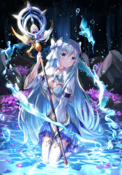 Rule 34 | 1girl, blue eyes, blue skirt, bow, breasts, cleavage, flower, hair bow, holding, holding staff, kneeling, long hair, long sleeves, looking at viewer, lunacle, magical girl, medium breasts, original, outdoors, silver hair, skirt, staff, thighhighs, very long hair, water, white bow, white thighhighs