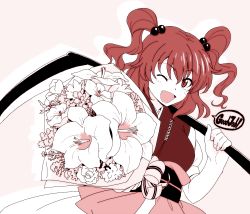 Rule 34 | 1girl, ;d, aiming, aiming at viewer, bad id, bad pixiv id, bouquet, english text, female focus, flower, hair bobbles, hair ornament, ikuya koimori, monochrome, one eye closed, onozuka komachi, open mouth, over shoulder, pink theme, short hair, smile, solo, touhou, twintails, two side up, weapon, weapon over shoulder, wink