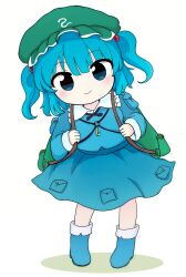 Rule 34 | 1girl, backpack, bag, blue eyes, blue footwear, blue hair, blue shirt, blue skirt, boots, closed mouth, collared shirt, commentary request, flat cap, full body, green hat, hair bobbles, hair ornament, hat, highres, kawashiro nitori, long sleeves, medium hair, rei (tonbo0430), revision, shirt, simple background, skirt, smile, solo, standing, touhou, two side up, white background