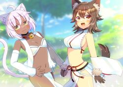 Rule 34 | 2girls, :d, ahoge, animal ear fluff, animal ears, bell, blurry, blurry background, breasts, brown eyes, brown gloves, brown hair, cat ears, cat girl, cat tail, closed mouth, commentary request, commission, dark-skinned female, dark skin, depth of field, detached sleeves, dog ears, dog girl, dog tail, fur-trimmed jacket, fur trim, gloves, grey hair, hand on own hip, holding hands, jacket, jingle bell, kou hiyoyo, long sleeves, medium breasts, multiple girls, navel, neck bell, open mouth, original, sideboob, skeb commission, smile, tail, white sleeves, wide sleeves