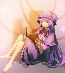 Rule 34 | 1girl, barefoot, book, capelet, coat, crescent, dress, eredhen, hair ribbon, hat, long hair, mob cap, nail polish, open book, open clothes, open coat, patchouli knowledge, purple eyes, purple hair, reading, ribbon, sitting, solo, star (symbol), striped clothes, striped dress, toenail polish, toenails, touhou, tress ribbon, very long hair