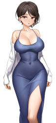 Rule 34 | 1girl, absurdres, arms at sides, bang dream!, bare shoulders, black hair, blue dress, breasts, cleavage, collarbone, commentary, covered navel, dopamine70, dress, earrings, feet out of frame, hair behind ear, halter dress, halterneck, highres, jewelry, large breasts, long sleeves, looking at viewer, off shoulder, open clothes, open shirt, parted lips, pink eyes, shirt, short hair, side slit, simple background, sleeveless, sleeveless dress, sleeves past wrists, solo, standing, stud earrings, swept bangs, symbol-only commentary, white background, white shirt, yashio rui