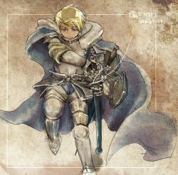 Rule 34 | 1boy, armor, armored boots, blonde hair, blue cape, blue eyes, boots, breastplate, cape, closed mouth, commentary request, drawing sword, full body, gauntlets, highres, holding, holding sword, holding weapon, leg armor, looking at viewer, male focus, oshio (solto), paladin (ragnarok online), pauldrons, ragnarok online, scabbard, sheath, short hair, shoulder armor, smile, solo, sword, weapon