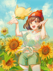 Rule 34 | 1girl, :d, absurdres, beanie, brown hair, cloud, commentary request, creatures (company), day, floral print, flower, game freak, gen 7 pokemon, green shorts, hands up, happy, hat, highres, nintendo, open mouth, outdoors, pokemon, pokemon (creature), pokemon sm, red headwear, rowlet, selene (pokemon), shirt, short shorts, short sleeves, shorts, sky, smile, sunflower, t-shirt, teeth, tied shirt, tongue, zhongmu