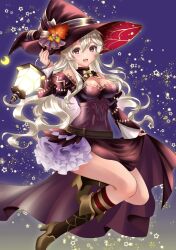 Rule 34 | 1girl, alternate costume, black dress, boots, breasts, cleavage, clothes lift, corrin (female) (fire emblem), corrin (fire emblem), dress, dress lift, fire emblem, fire emblem fates, grey hair, halloween, halloween costume, hat, hat ribbon, high heel boots, high heels, highres, jack-o&#039;-lantern, kakiko210, lantern, looking at viewer, medium breasts, nintendo, open mouth, pointy ears, red eyes, ribbon, smile, solo, star (sky), witch, witch hat