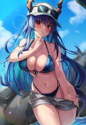 Rule 34 | 1girl, arknights, bare shoulders, baseball cap, bikini, blue bikini, blue hair, blue sky, blush, ch&#039;en (arknights), ch&#039;en the holungday (arknights), cloud, commentary request, day, dragon horns, grey shorts, hand up, hat, highres, holiday (pangjelly), horns, long hair, looking at viewer, navel, open fly, red eyes, short shorts, shorts, sky, solo, stomach, sunglasses, swimsuit, thighs, very long hair, wading, water, white hat