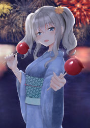 Rule 34 | 10s, 1girl, alternate costume, blue eyes, blurry, blush, candy apple, depth of field, fireworks, flower, food, hair flower, hair ornament, incoming food, irohakaede, japanese clothes, kantai collection, kashima (kancolle), kimono, looking at viewer, obi, offering food, sash, silver hair, solo, twintails, upper body, yukata