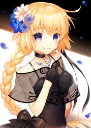 Rule 34 | 1girl, alternate costume, aoi sana, bare shoulders, black bow, black choker, black dress, black gloves, blonde hair, blue eyes, blue flower, bow, braid, capelet, choker, covered navel, dress, fate/apocrypha, fate/grand order, fate (series), flower, gloves, hair flower, hair ornament, hand on own chest, jeanne d&#039;arc (fate), jeanne d&#039;arc (formal dress) (fate), jeanne d&#039;arc (ruler) (fate), jewelry, long braid, long hair, looking at viewer, necklace, petals, see-through, single braid, smile, solo, very long hair