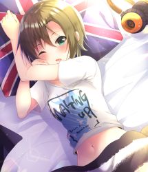 Rule 34 | 1girl, bed sheet, brown hair, from above, green eyes, hair between eyes, headphones, headphones removed, idolmaster, idolmaster cinderella girls, idolmaster cinderella girls starlight stage, looking at viewer, lying, midriff, navel, on back, one eye closed, open mouth, print shirt, rocomani, shirt, short hair, short sleeves, solo, stomach, tada riina, under covers, union jack, white shirt