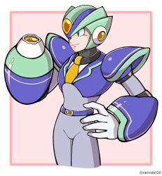 Rule 34 | 1boy, alternate costume, arm cannon, armor, blue armor, blue helmet, blueberry, border, commentary, cowboy shot, food, forehead jewel, fruit, green eyes, highres, male focus, mega man (series), mega man x (series), nenndo100, pink background, smile, solo, symbol-only commentary, twitter username, weapon, white border, x (mega man), x buster