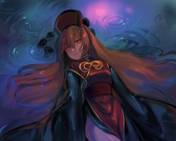 Rule 34 | 1girl, bad id, bad twitter id, chinese clothes, commentary request, dress, glowing, glowing eyes, highres, junko (touhou), long hair, long sleeves, looking at viewer, lying, on back, open mouth, orange hair, rain, red eyes, ribbon, solo, tabard, tis (shan0x0shan), touhou, water, water drop, wet, wide sleeves