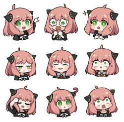 Rule 34 | &lt;o&gt; &lt;o&gt;, :d, ?, ahoge, anya&#039;s heh face (meme), anya (spy x family), arm up, blouse, blush stickers, bow, bowtie, chibi, child, closed eyes, collared shirt, commentary request, confused, cropped torso, crying, crying with eyes open, curious, eden academy school uniform, excited, fake horns, frown, green eyes, half-closed eyes, hands up, highres, horns, jitome, long sleeves, looking at viewer, looking away, looking up, medium hair, meme, multiple views, neck ribbon, open mouth, outstretched arm, pink hair, pointing, red ribbon, ribbon, scared, school uniform, shirt, short sleeves, simple background, smile, smug, sparkling eyes, spy x family, surprised, sweatdrop, tears, triangle mouth, wavy mouth, white background, white bow, white bowtie, white shirt, wide-eyed, wiping face, yuemoe