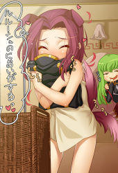 Rule 34 | 00s, 2girls, animal ears, borrowed clothes, c.c., code geass, dog ears, dog girl, green hair, indoors, kouzuki kallen, kink (tortoiseshell), multiple girls, red hair, smelling, smelling clothes, standing, tail, tail wagging, towel, translated